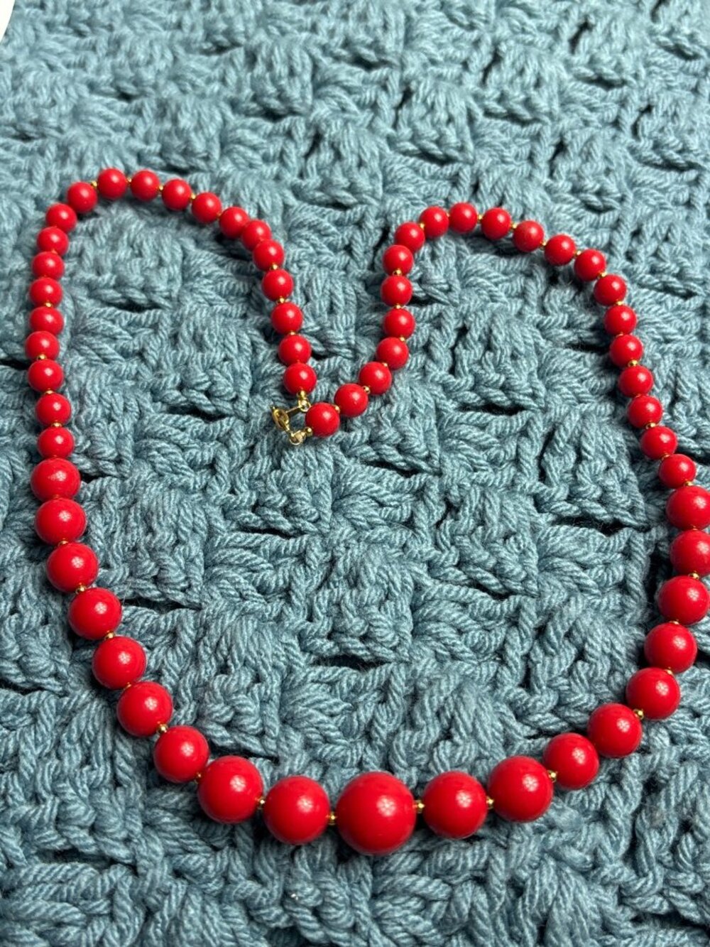 Vintage Red Plastic Beaded Necklace Graduated Goldtone Spacer Beads 22 inches
